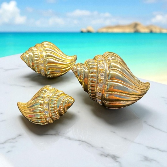 VTG. KJL KENNETH J LANE/AVON SHELL/CONCH EARRINGS,SCARF SLIDE SET W/RHINESTONES - Picture 9 of 9